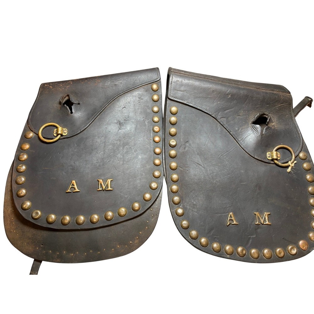 Vintage Studded Leather Motorcycle Saddlebags AM Brass Detail Distressed
